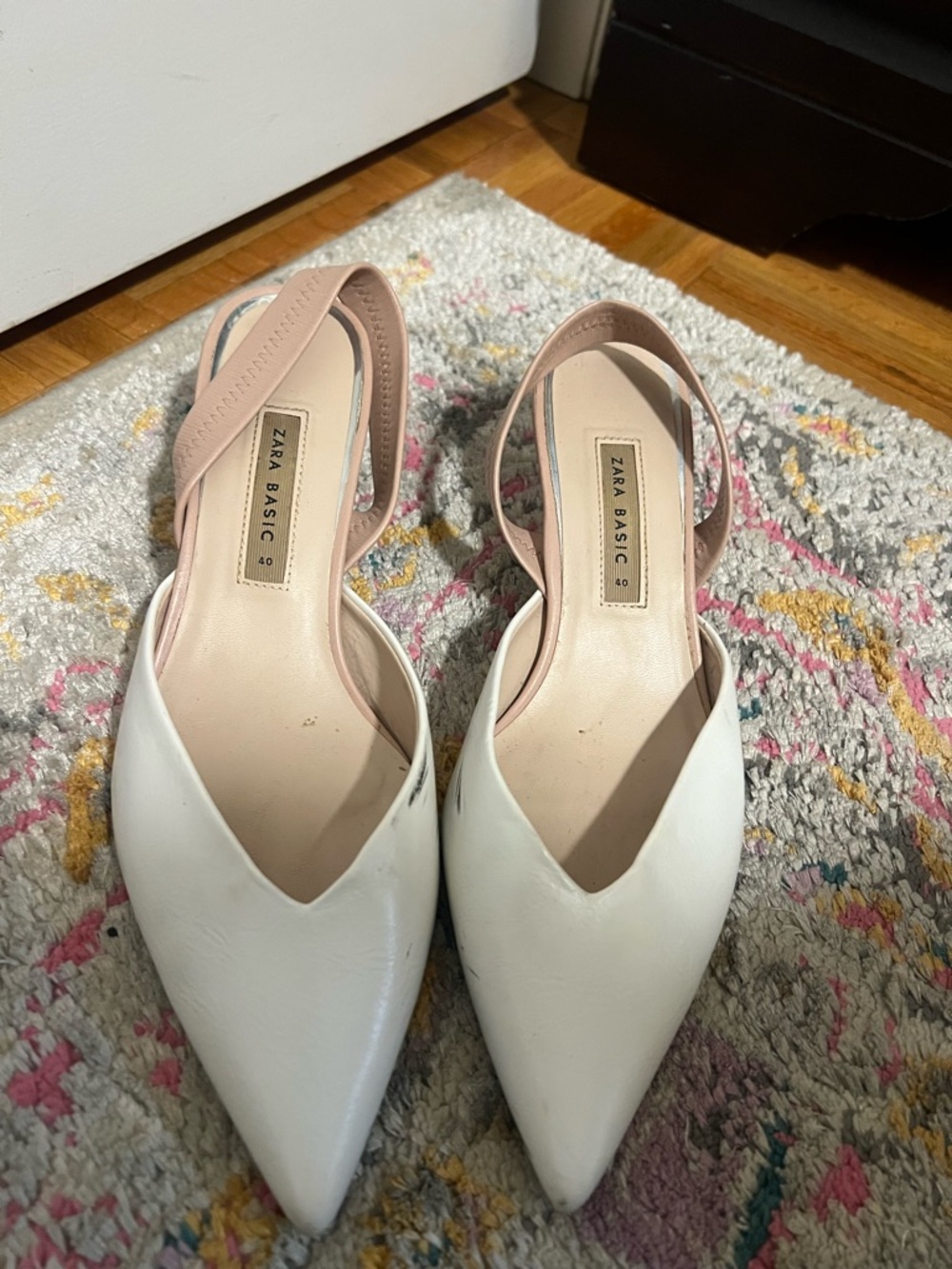 Zara White Pointed Slingback Flats with Pink Straps